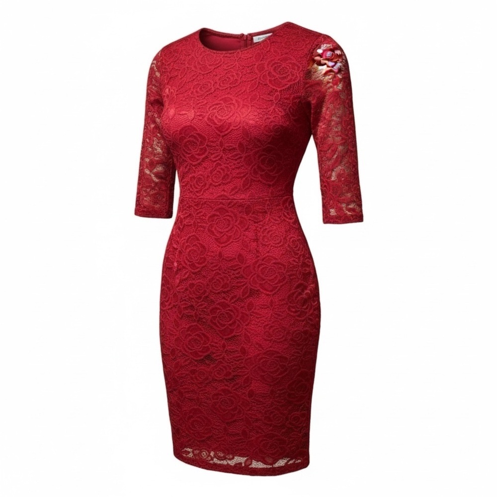 Glory Sunshine Red Lace Sheath Dress 3/4 Sleeve Floral – Medium